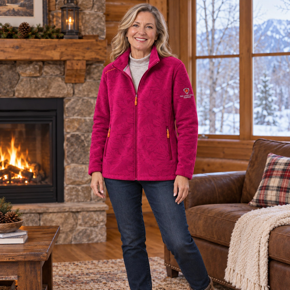 Women's Botanical Print Zip Up Fleece Jacket — Marit, Rose Pink, view, worn by an adult model, Usa and Canada — view 8