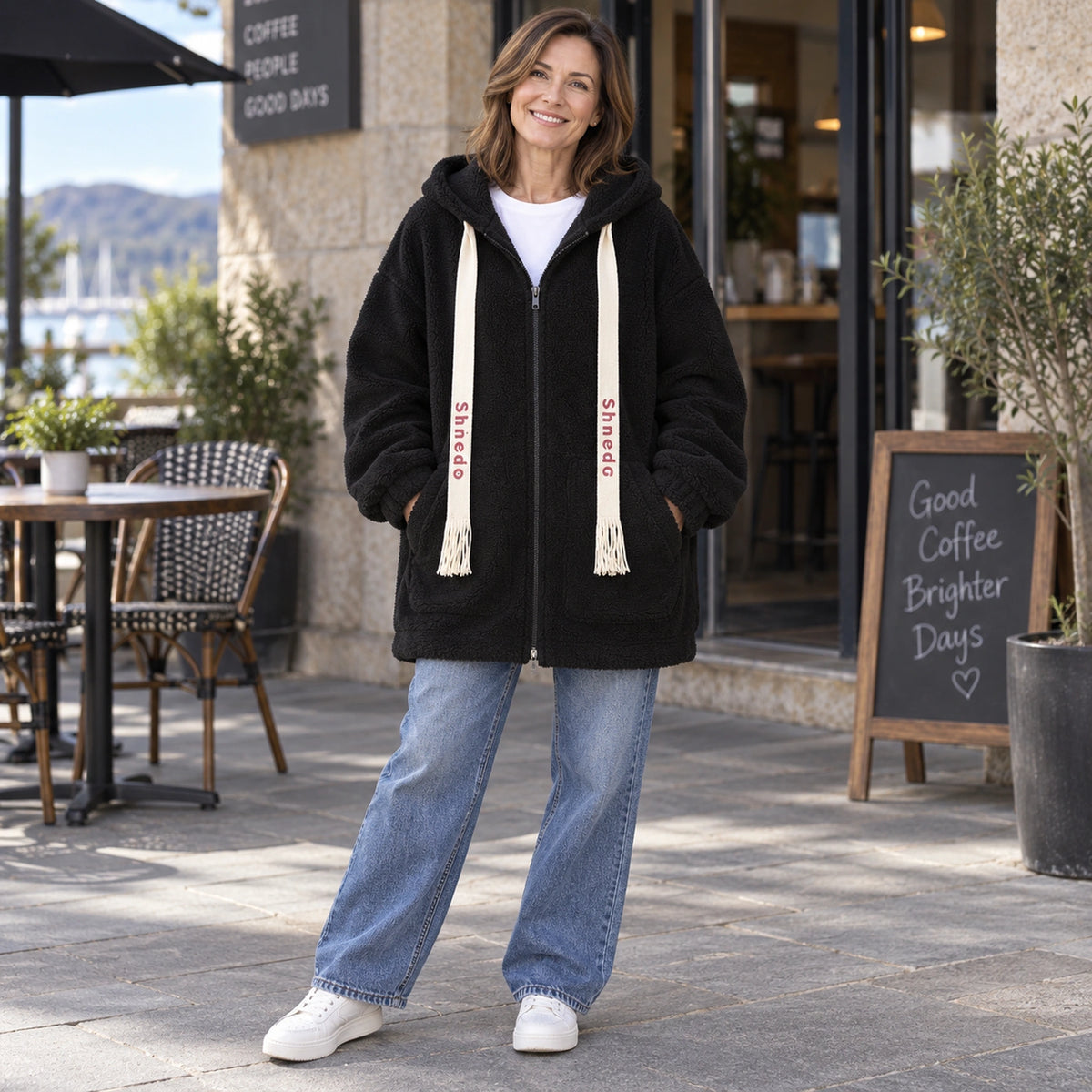 Black oversized plush fleece jacket, cafe front view — view 8