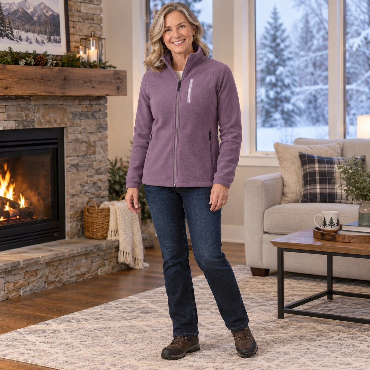 Women's Stand Collar Zip Up Fleece Jacket — Liv, Purple, view, worn by an adult model, Usa and Canada — view 8