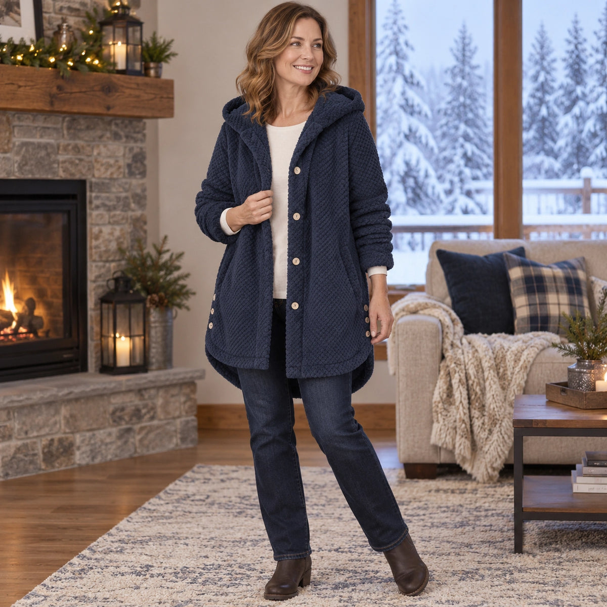 fleece jacket — Women's Textured Hooded Button Front Fleece Coat — FleeceLux, Navy Blue, view, worn by an adult — view 10