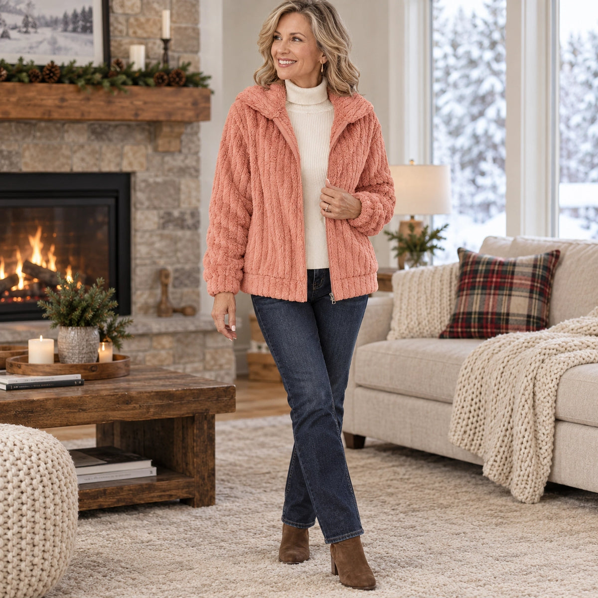 Women's Textured Hooded Zip Up Fleece Jacket — Charlotte, Coral Pink, view, worn by an adult model, Usa and Canada — view 8