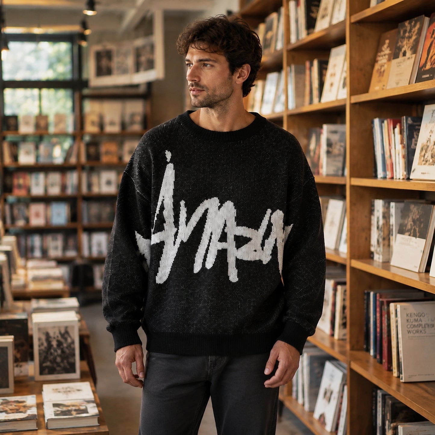 Man wearing black graffiti jacquard letterman sweater in a bookstore — view 8