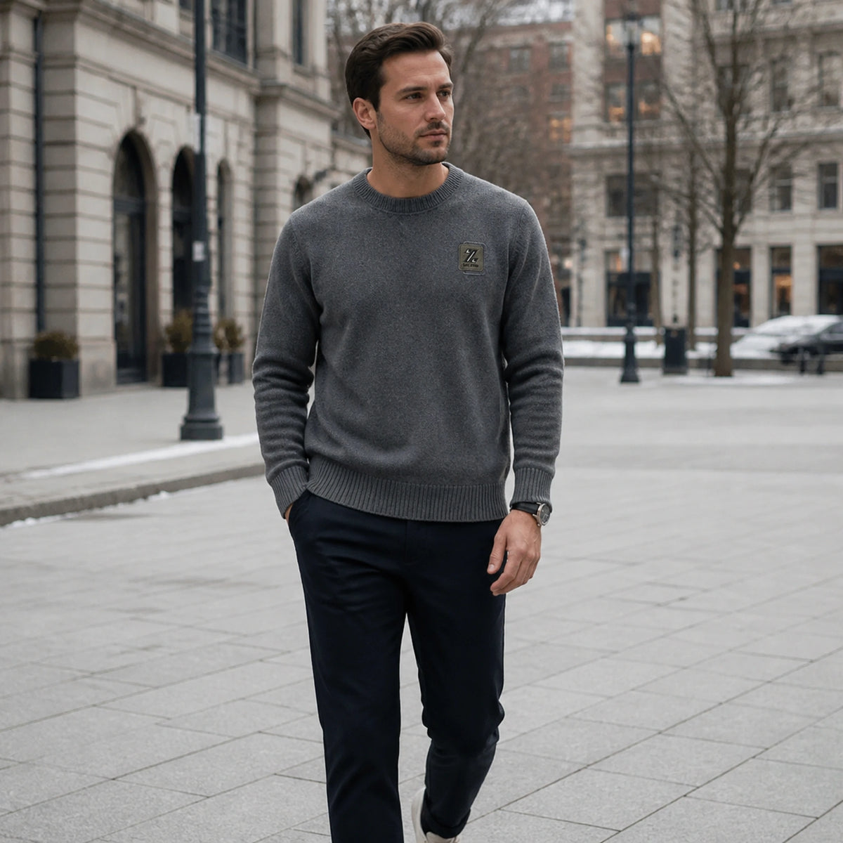 Male model wearing gray fleece lined patch letterman sweater outdoors in a winter city setting — view 7