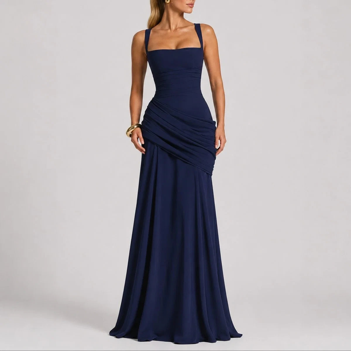 Long wedding guest dress — Women's Ruched Square Neck Maxi Fall Navy — view 7 — view 7