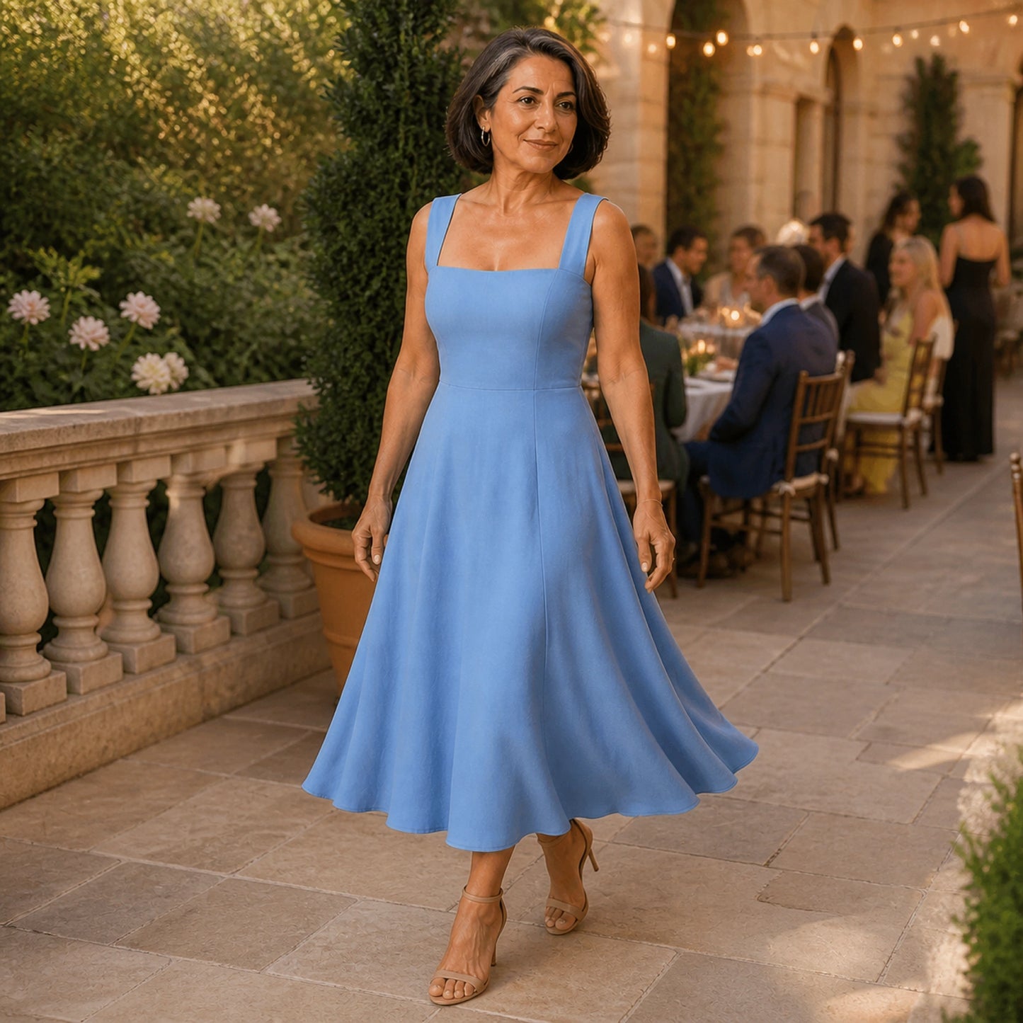 long wedding guest dress — Powder blue A line midi wedding guest dress garden view — view 8