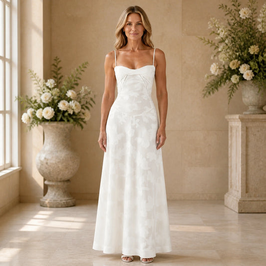long wedding guest dress — White floral lace bustier maxi wedding guest dress on a mature woman — view 2
