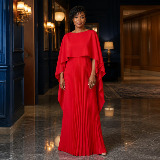 long wedding guest dress — Red pleated cape maxi wedding guest dress complete front view — view 2