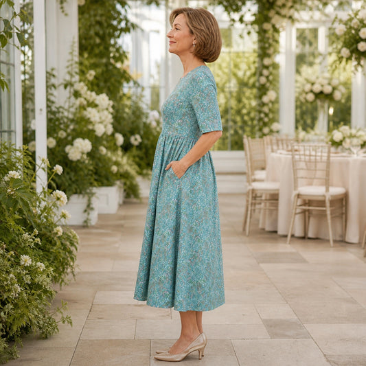 long wedding guest dress — Blue floral gathered waist midi wedding guest dress true side view — view 2