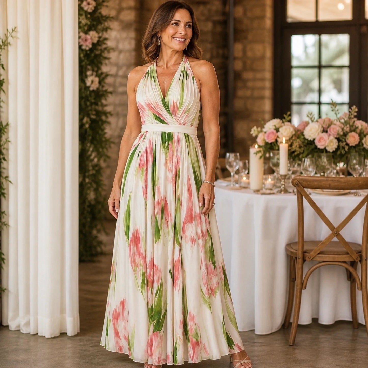 long wedding guest dress — Ivory Pink Watercolor Floral indoor — view 6