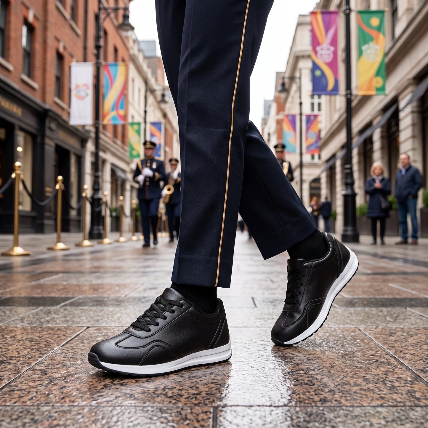 Close up of the marching band shoes showing durable Pu upper, intricate stitching details, and textured rubber — view 10