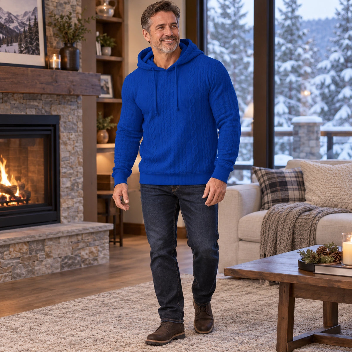 mens hoodie — Men's Cable Knit Pullover Hoodie — Milo, Blue, view, worn by an adult model, Usa and Canada — view 8