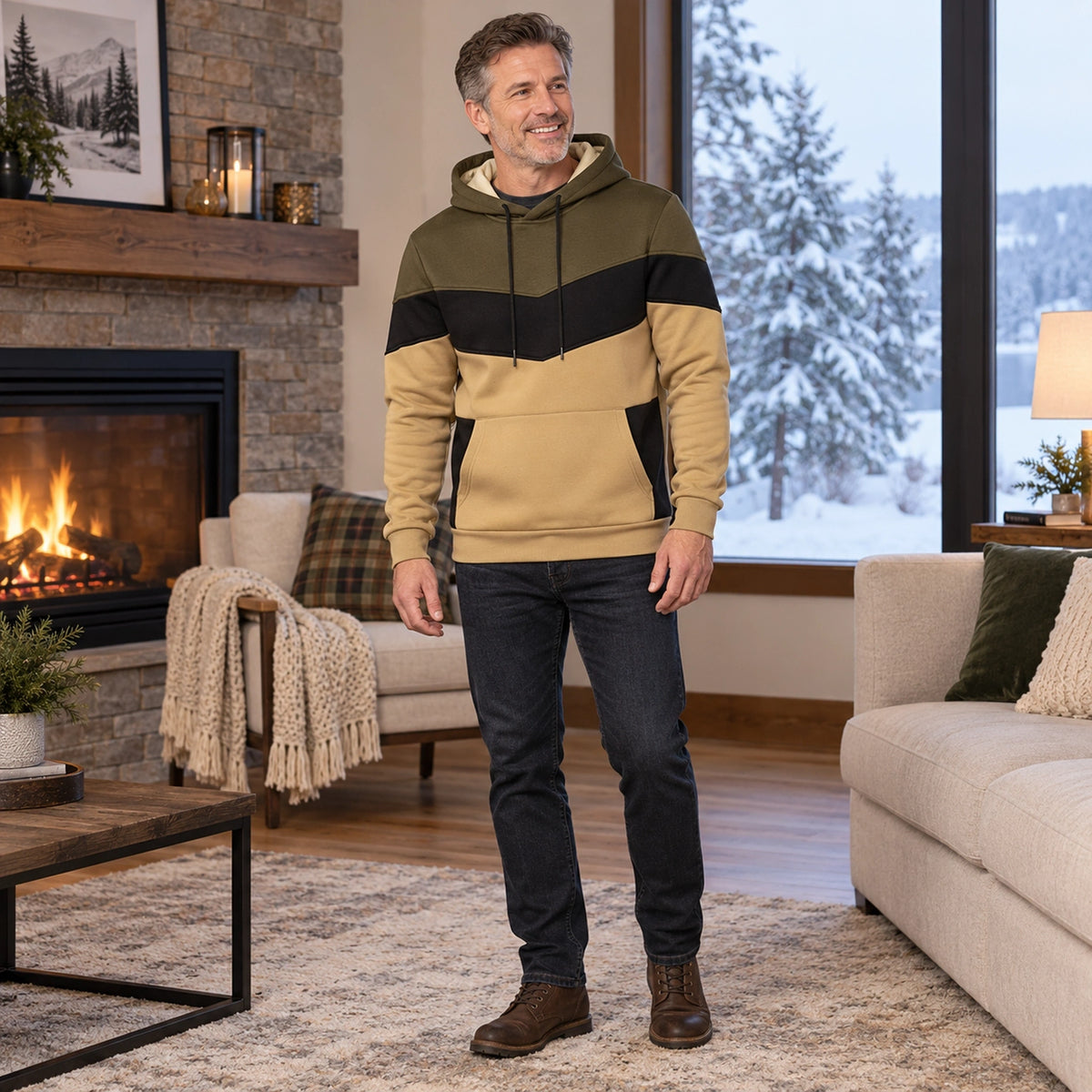 mens hoodie — Men's Color Block Pullover Hoodie — Timo, Olive Green, view, worn by an adult model, Usa and Canada — view 8