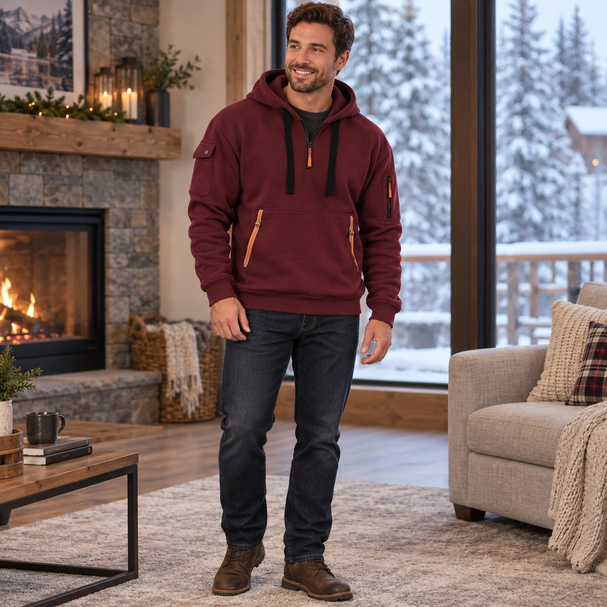 mens hoodie — Men's Half Zip Utility Hoodie — Hugo, Burgundy, view, worn by an adult model, Usa and Canada — view 11