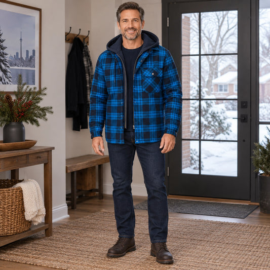 mens hoodie — Men's Plaid Hooded Lined Shirt Jacket — Ethan, Black Royal Blue complete front view, worn by an adult — view 2