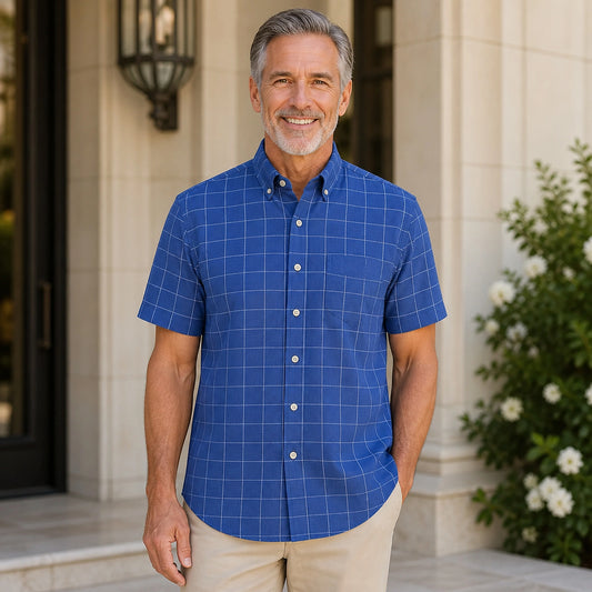 Navy Windowpane Short Sleeve Oxford Shirt Front View — view 2