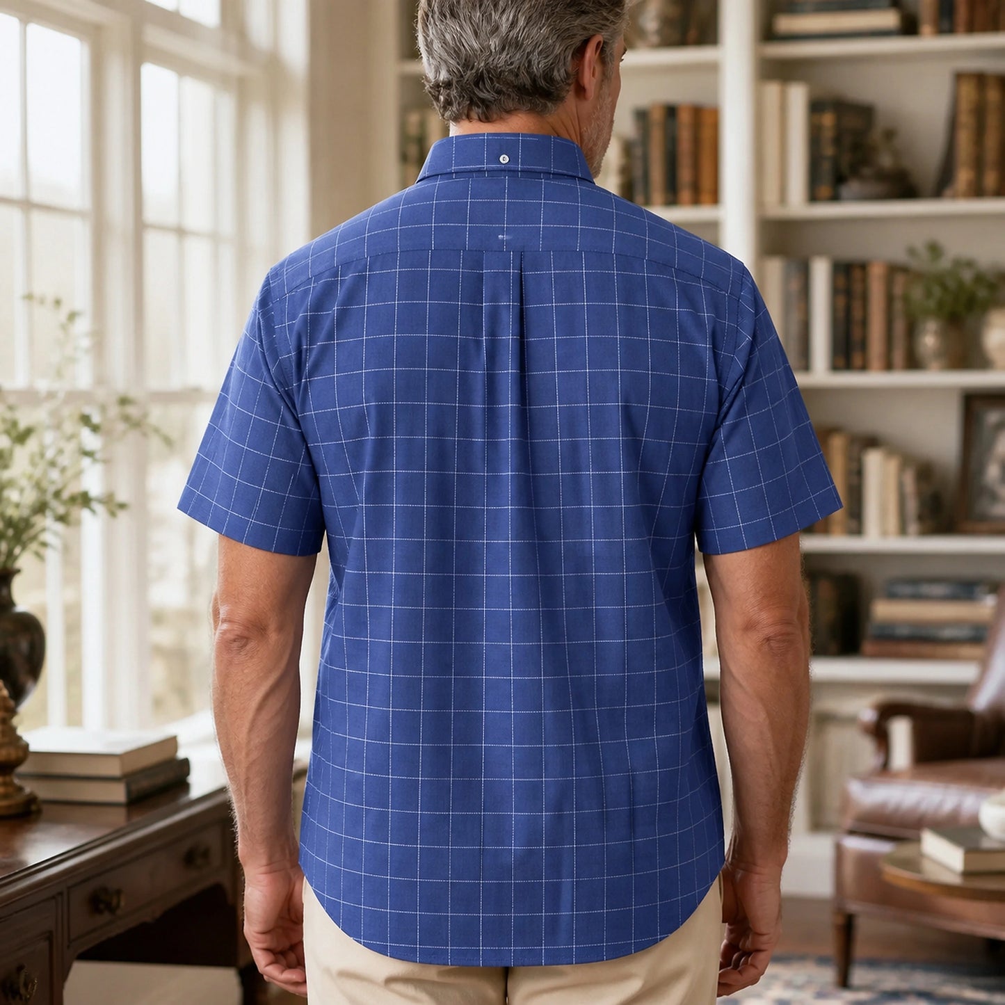 Navy Windowpane Short Sleeve Oxford Shirt Back View — view 27