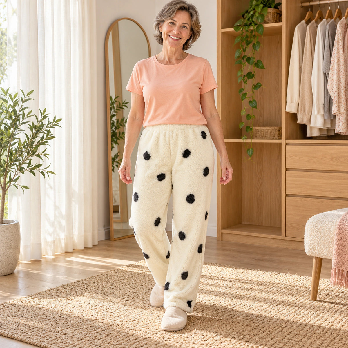 Cream Black Spot Print plush pajama pants, full front view on a mature model in home dressing area — view 8