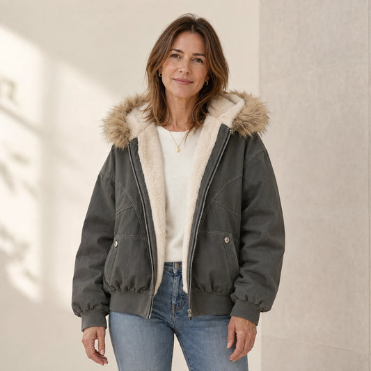 Mara Plush Lined Hooded Parka Coat in Gray, complete centered front merchant image — view 2