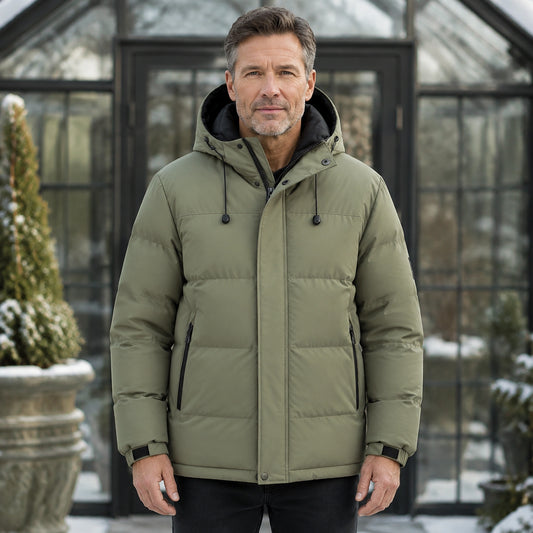 parka coat — Ryan army green hooded puffer parka complete front view — view 2