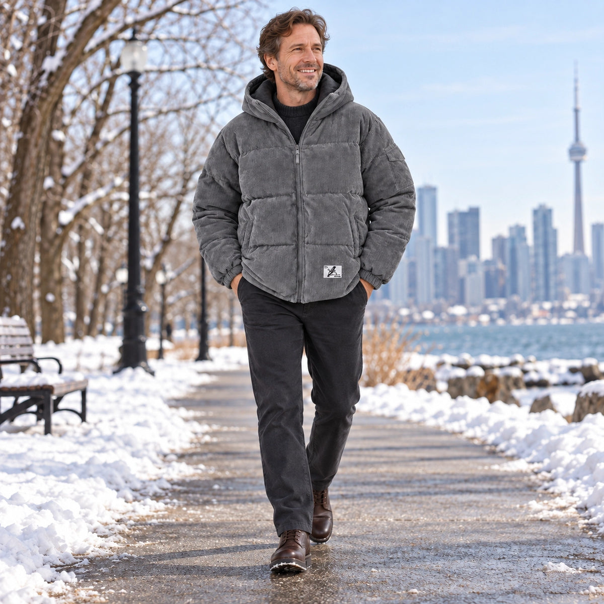 puffer jacket — Usa and Canada October–December 2; Gray; complete product worn by a happy adult model — view 7