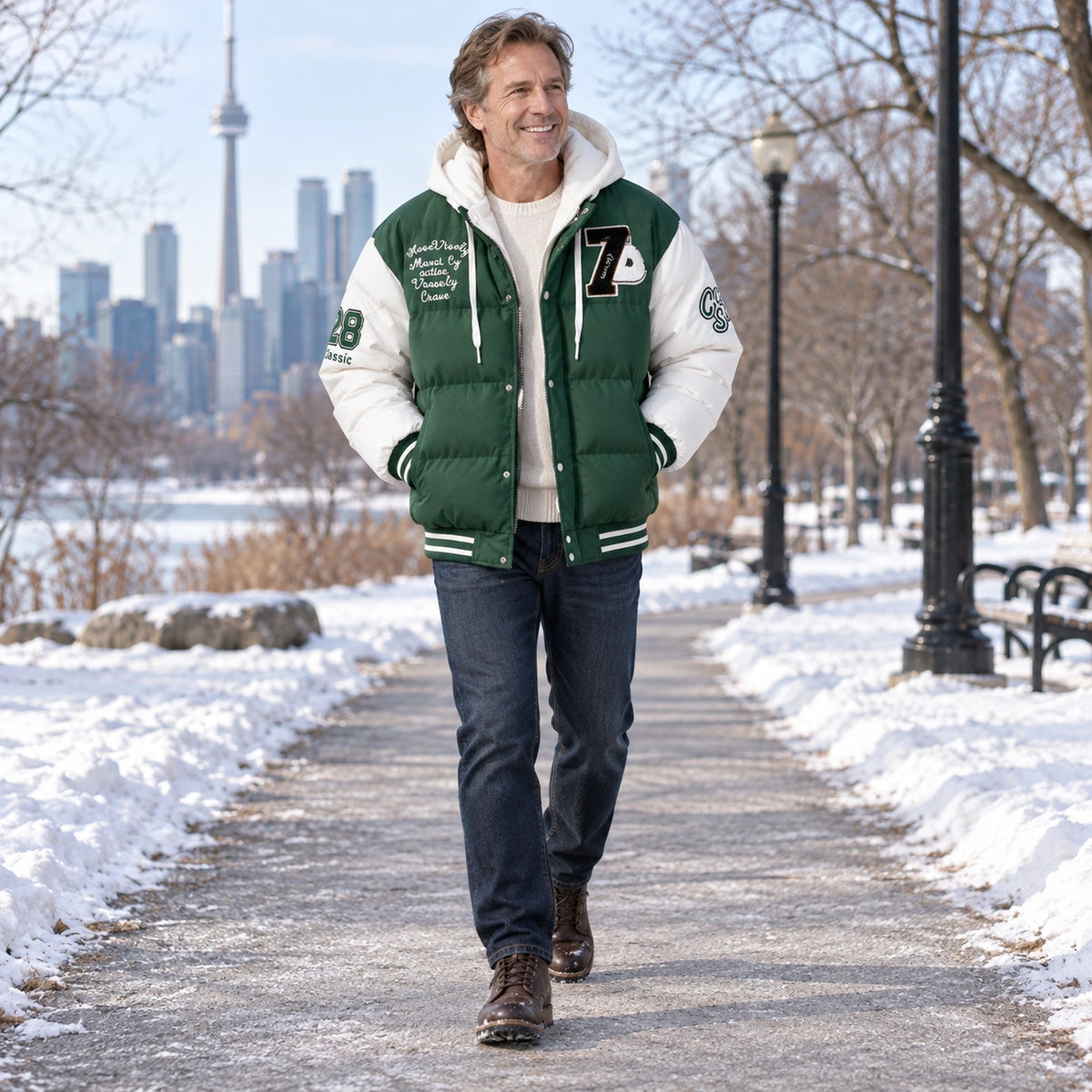 Men's Hooded Puffer Jacket — Emmett Green White 2 — view 7