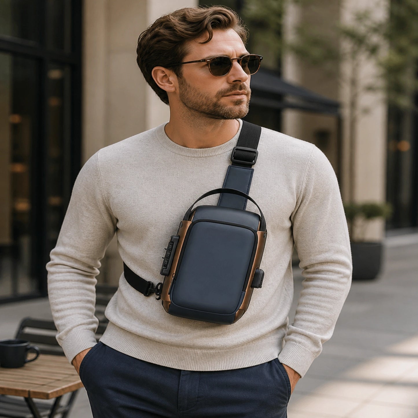 Adult man wearing Blue hard shell chest sling bag with Gold Trim — view 8