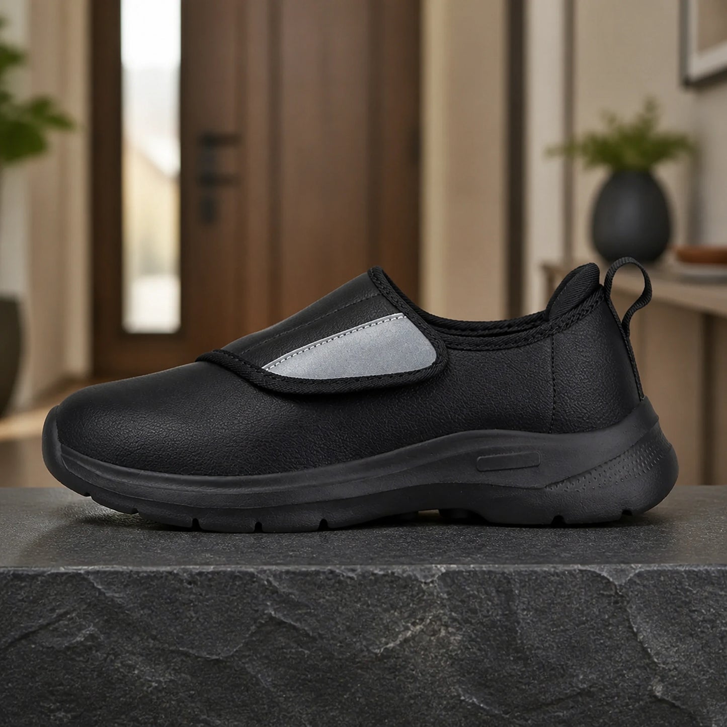 Black unlined men's velcro shoes true side view — view 8