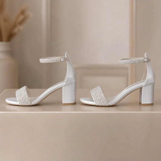 wedding guest shoes — Evangeline pearl embellished bridal sandals — true outer profile construction view — view 2