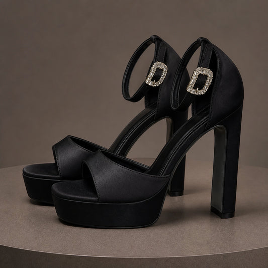 wedding guest shoes — Black platform ankle strap wedding guest sandals side profile — view 2