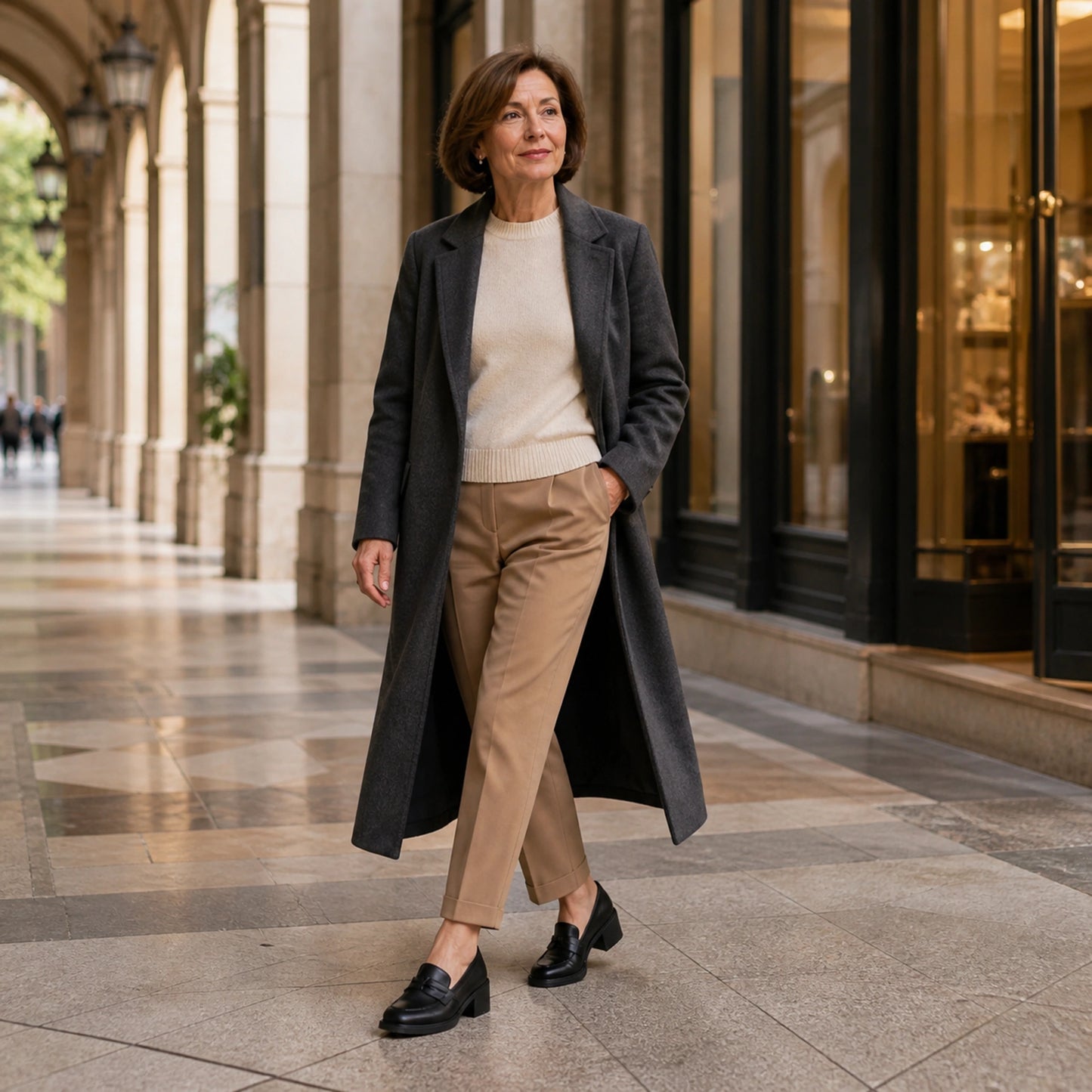 wedding guest shoes — Mature woman wearing black bow detail block heel loafers in a city arcade — view 6