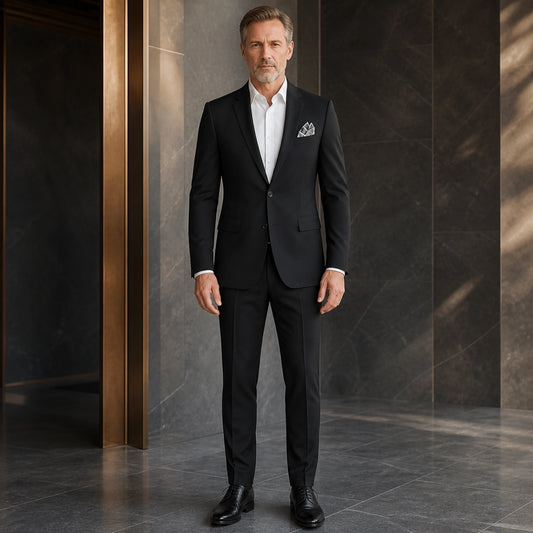 Black slim fit wedding guest suit, complete front view on mature male model — view 2