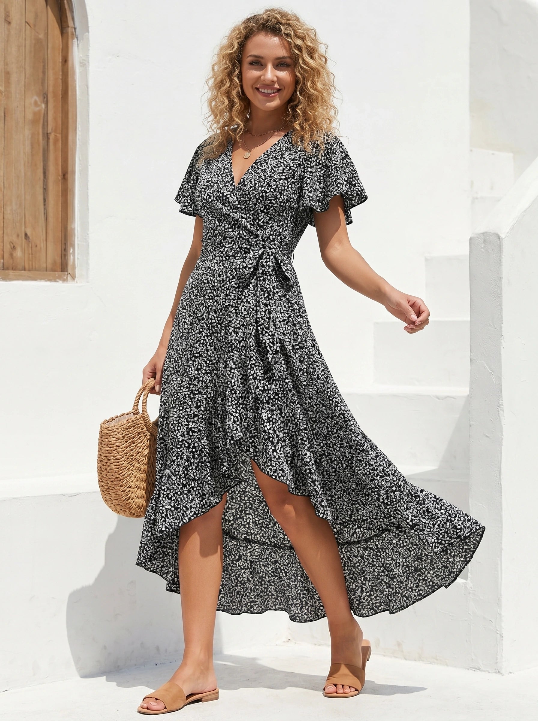 Back view of a model showing the women's flowing summer maxi dress in a vibrant floral print, showing its intricate construction details against a serene beach background.