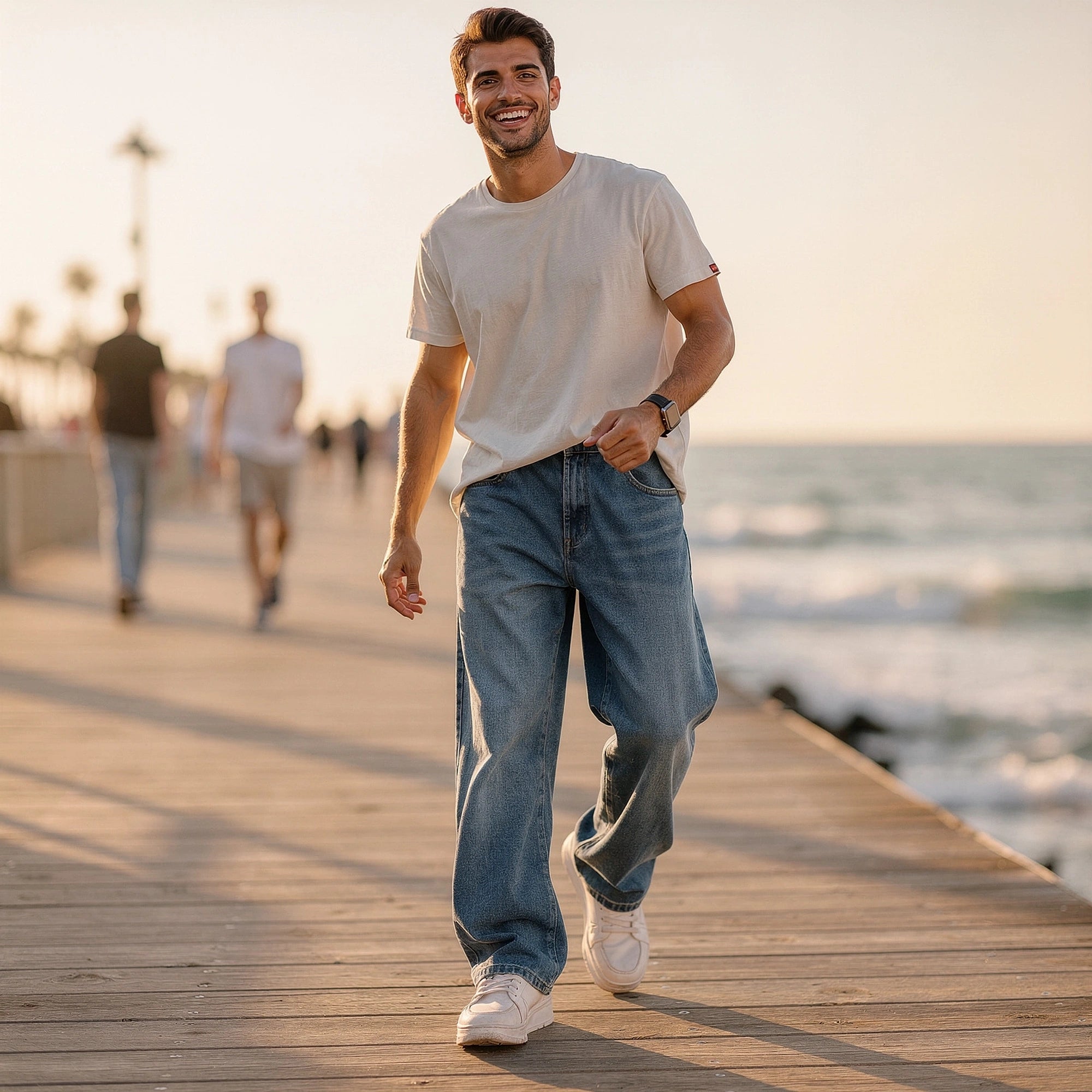View of loose fit straight leg casual jeans in medium wash denim, featuring subtle fading and classic five pocket design