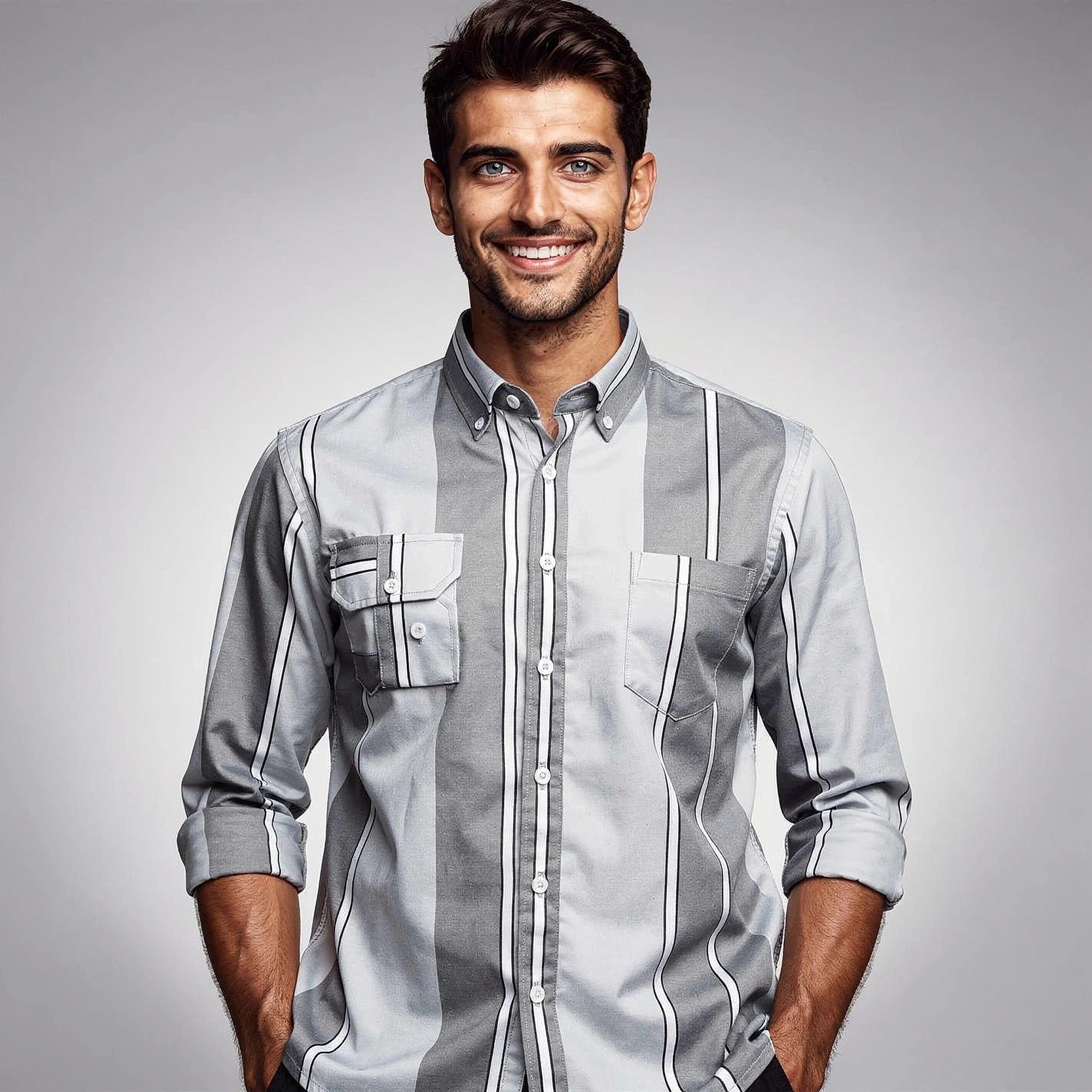 View of a stylish tailored cotton shirt in light blue, featuring a crisp collar and subtle texture
