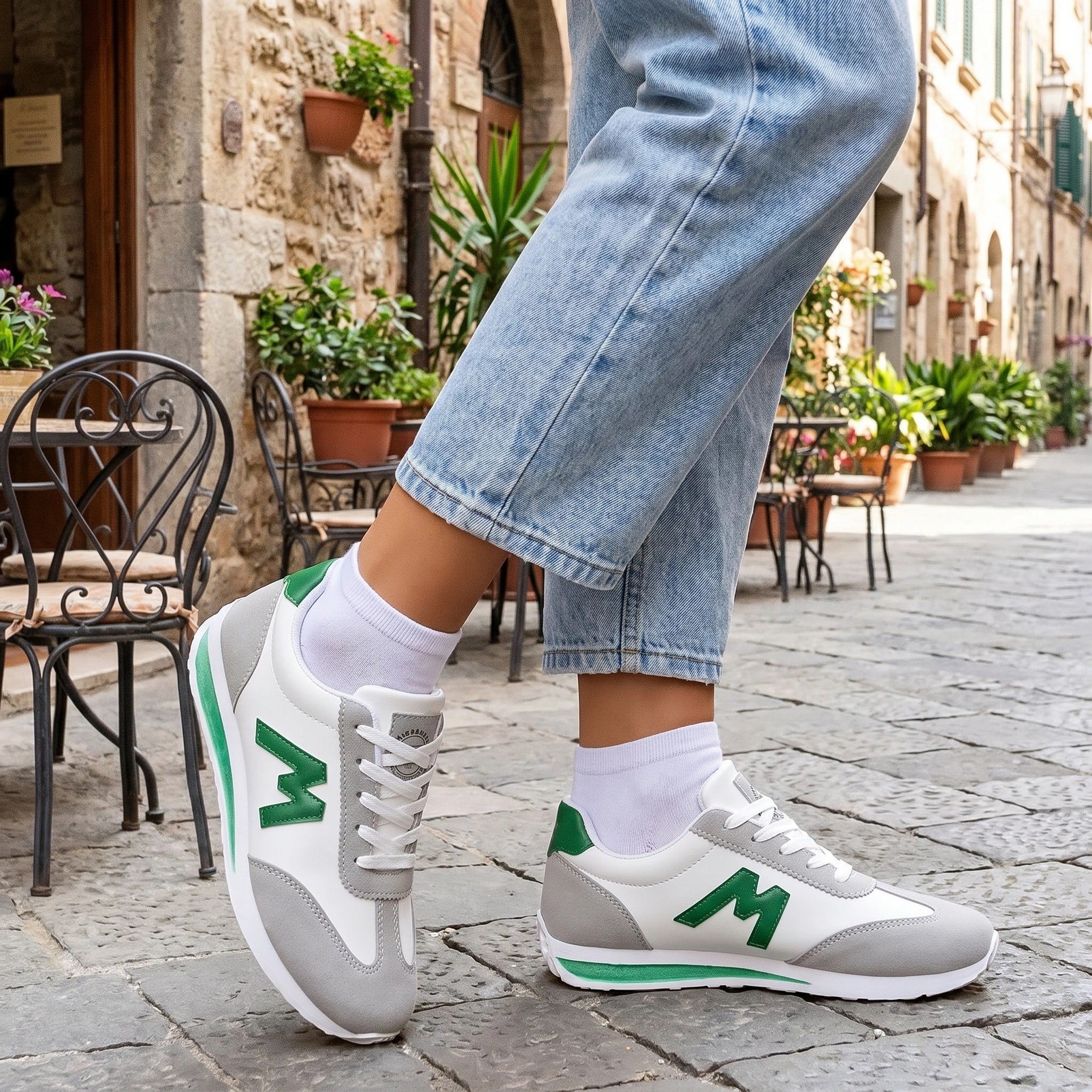 Front view of a model showing Womens Versatile Breathable Casual Sneakers, styled with high waisted jeans and a lightweight blouse against a neutral background.