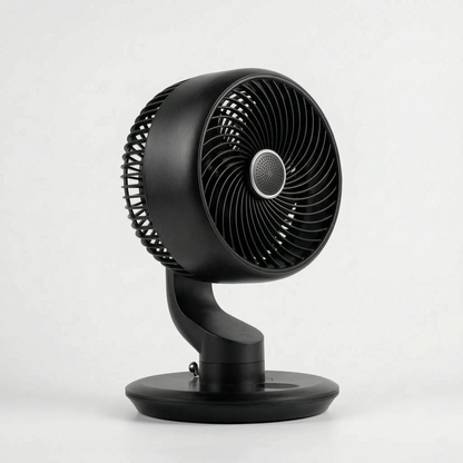 Of the fan's adjustable airflow dial and sleek design, highlighting its modern, user friendly features