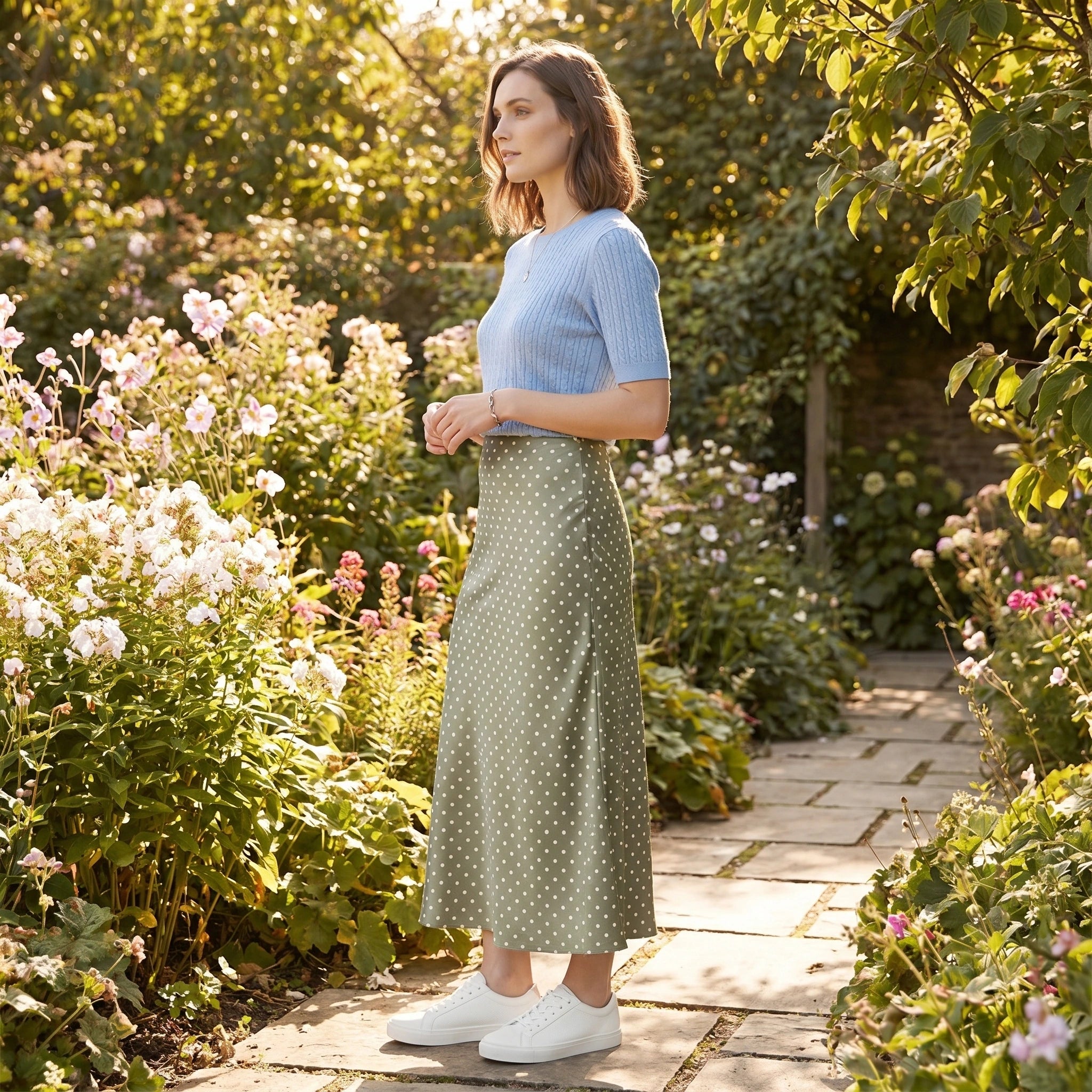 Close up of the Womens Playful Polka Dot Spring Midi Skirt showing the fabric texture, playful polka dot pattern, and precise stitching for added elegance.