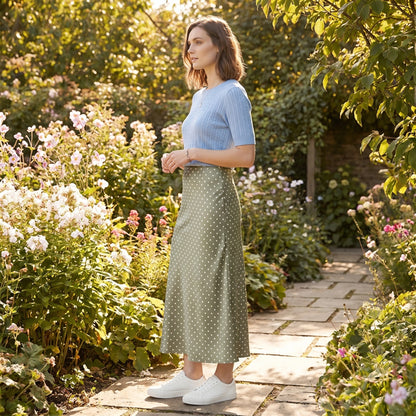 Close up of the Womens Playful Polka Dot Spring Midi Skirt showing the fabric texture, playful polka dot pattern, and precise stitching for added elegance.
