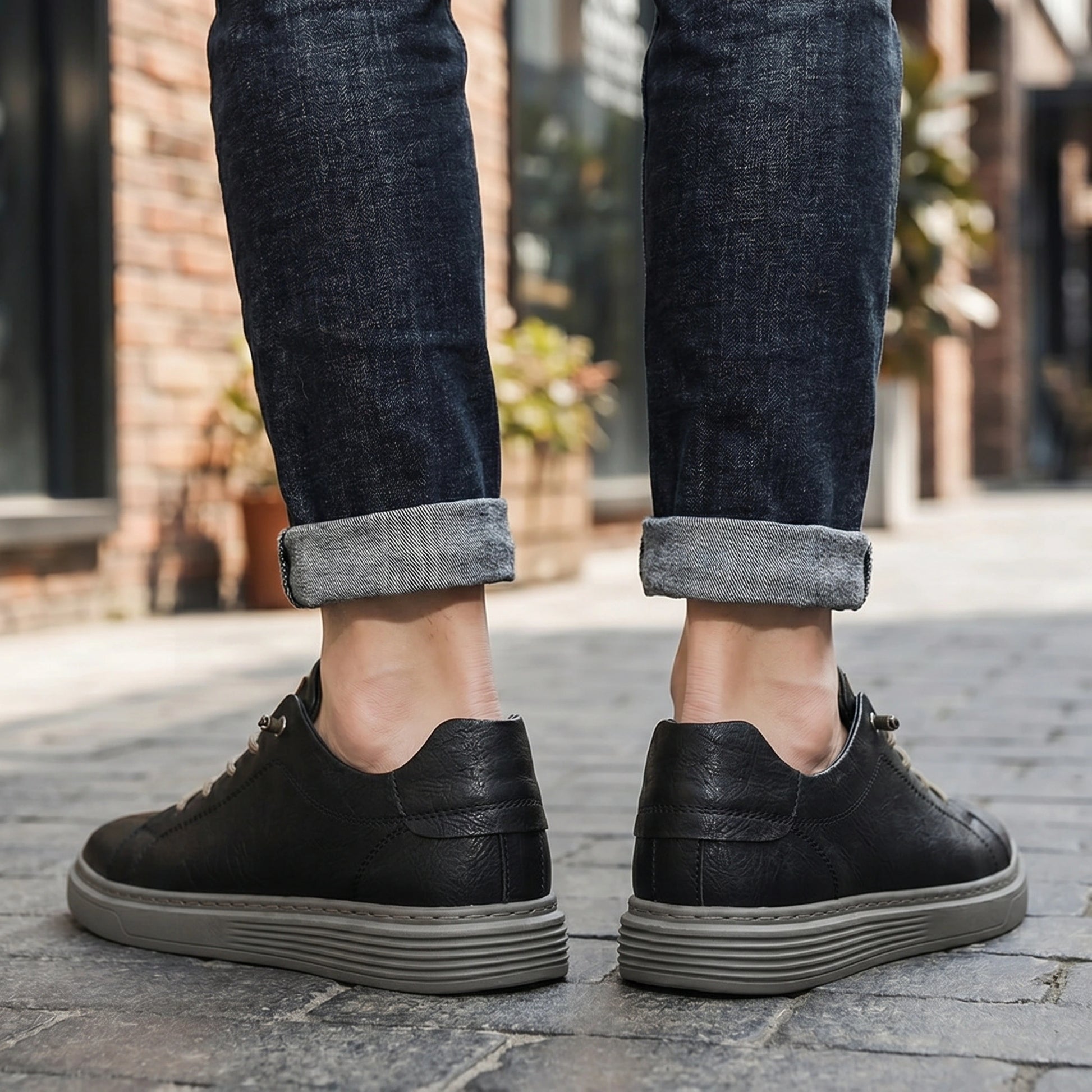 Close up view showing the premium fabric and detailed stitching of the men's casual sneakers in a sleek black design.