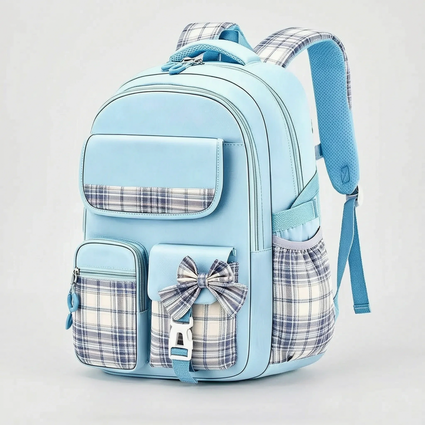 View of a stylish checkered school backpack featuring padded shoulder straps and a spacious compartment, showcasing its comfort and practicality