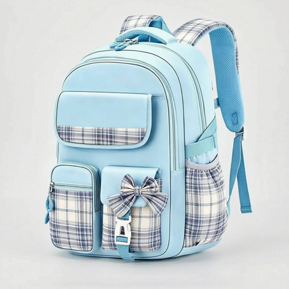 View of a stylish checkered school backpack featuring padded shoulder straps and a spacious compartment, showcasing its comfort and practicality