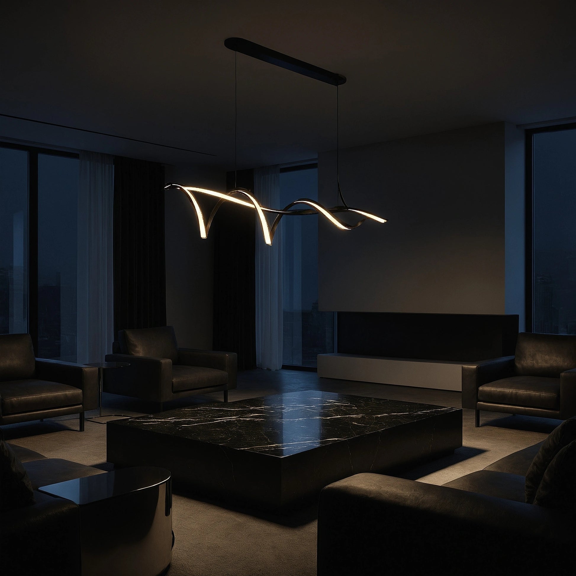 Close up view of the Sculptural LED Overhead Light Fixture showing its wave inspired design and intricate detailing against a soft, white background.