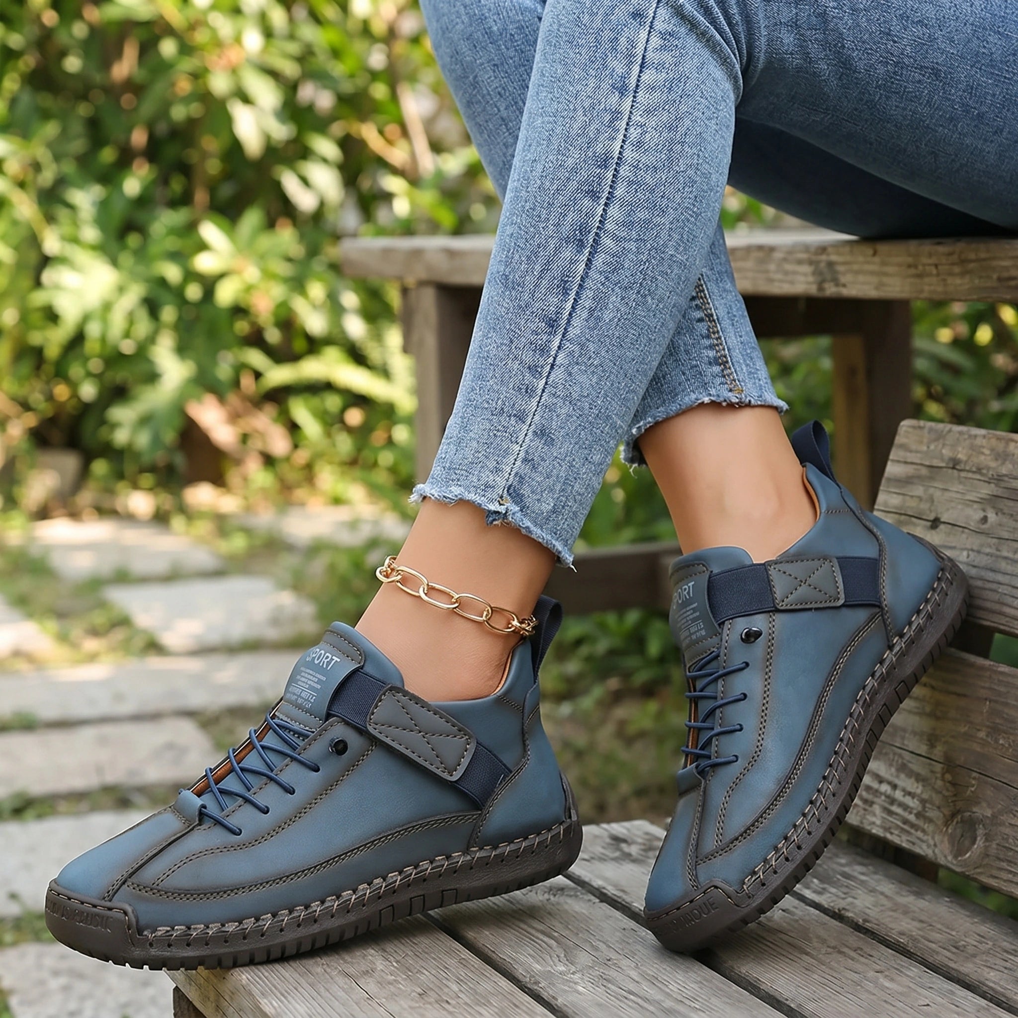 Close up view of the orthopedic sneakers showing intricate stitching and high quality fabric in a color palette, emphasizing comfort and design.