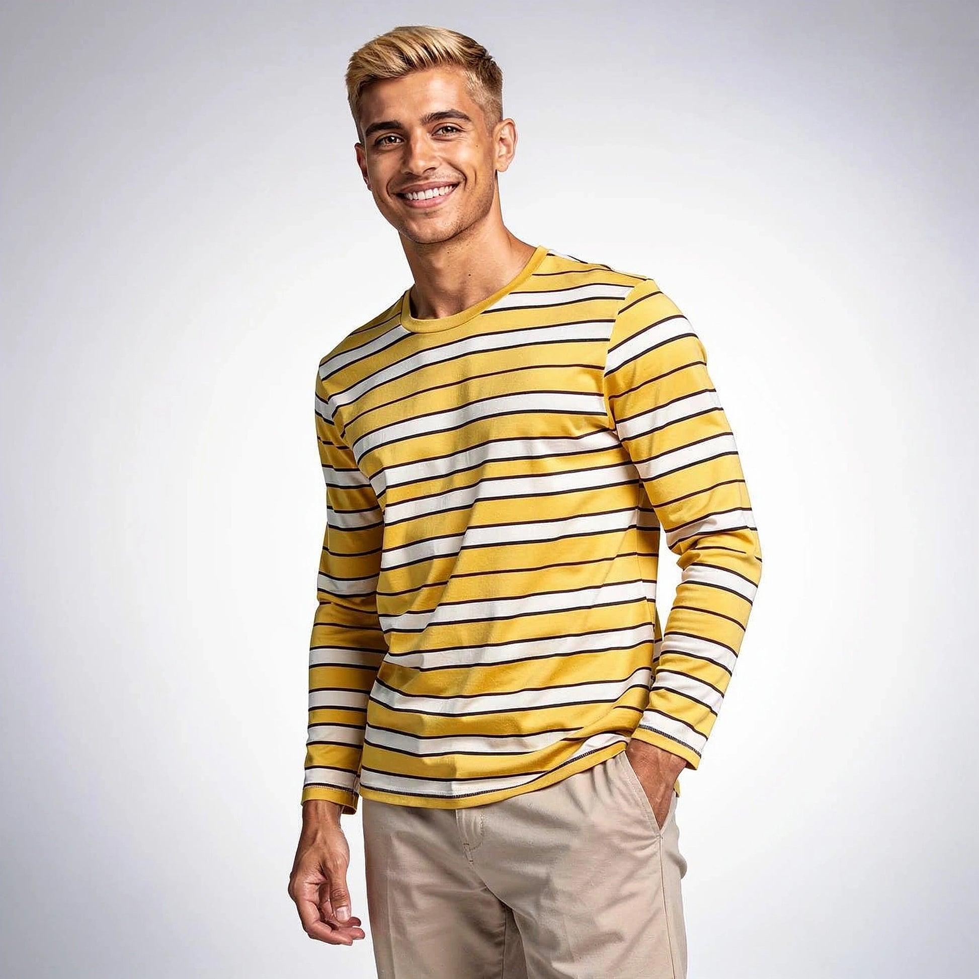 View of a relaxed striped cotton shirt featuring soft fabric in light blue and white, showcasing the collar and button placket