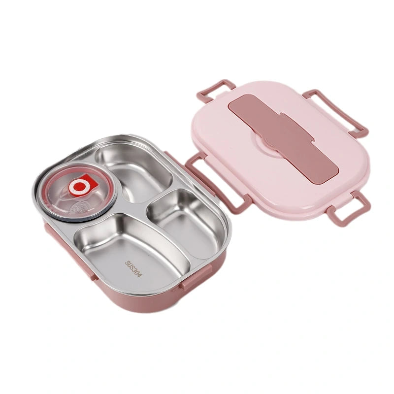 View of a modern stainless steel lunch box with a sleek design, featuring a sturdy handle and insulated compartments