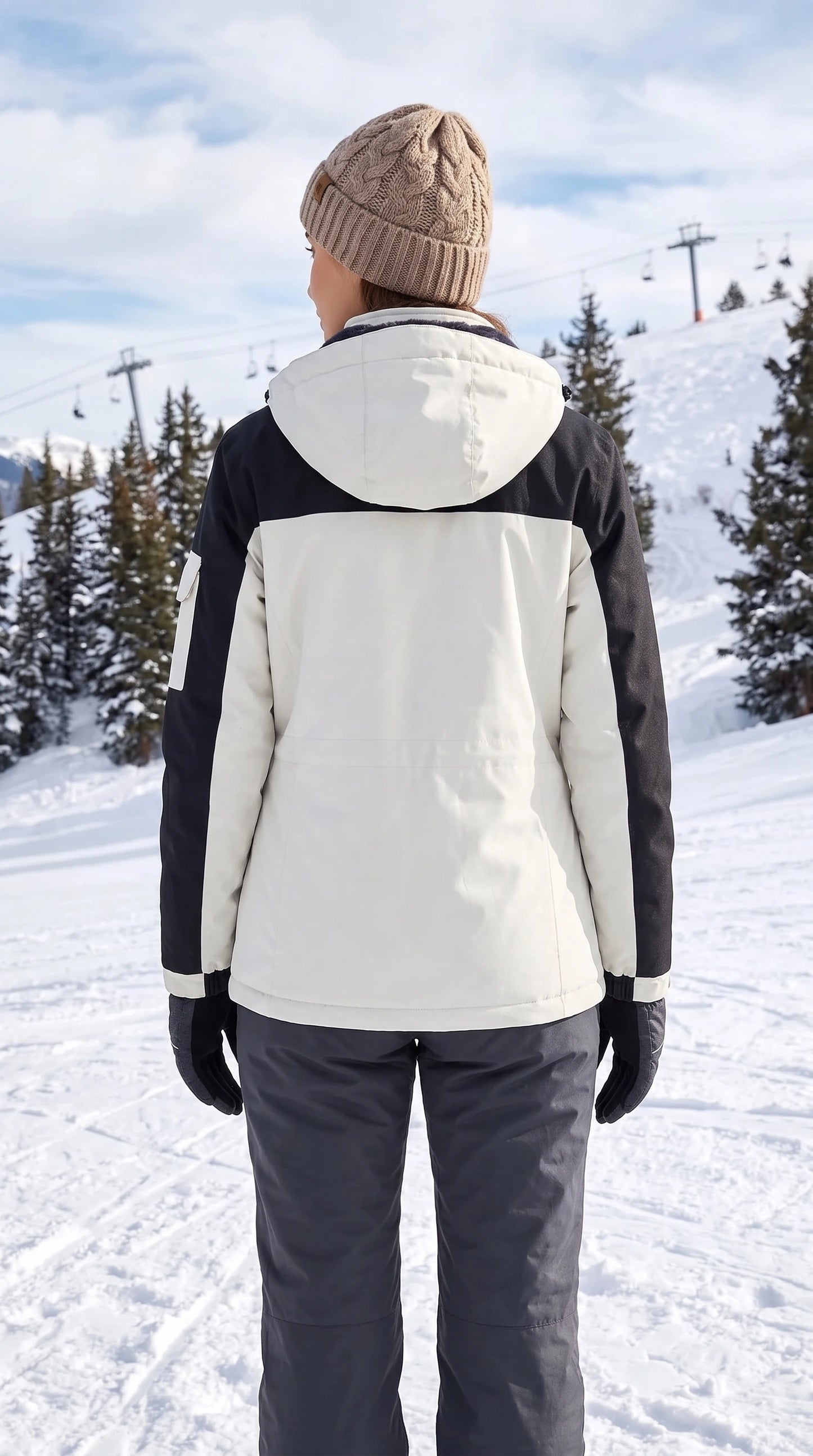 Back view of a model wearing a women's warm windproof waterproof ski jacket in a colorful, showing the jacket's construction details against a snowy mountain backdrop.