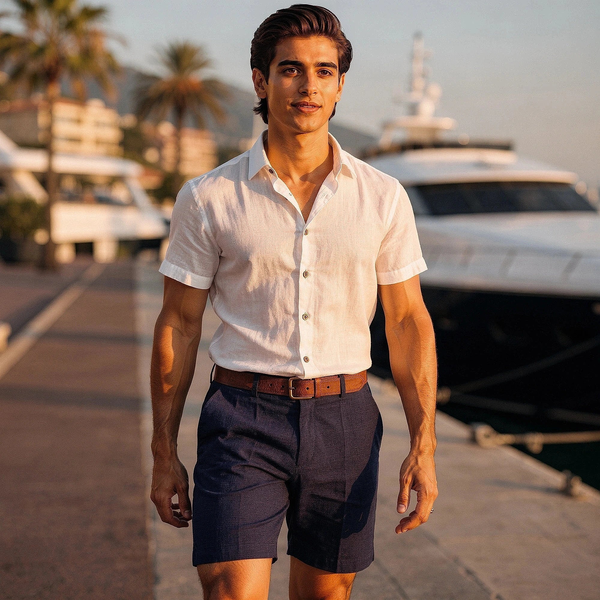 Light gray tailored linen knee length shorts with pockets and a relaxed fit, view showcasing fabric texture