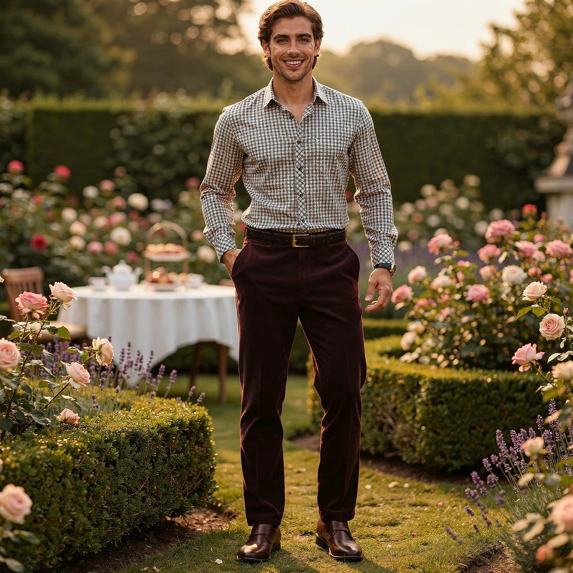 View of luxurious tailored velvet dress pants in deep green, showcasing the soft texture and elegant fit