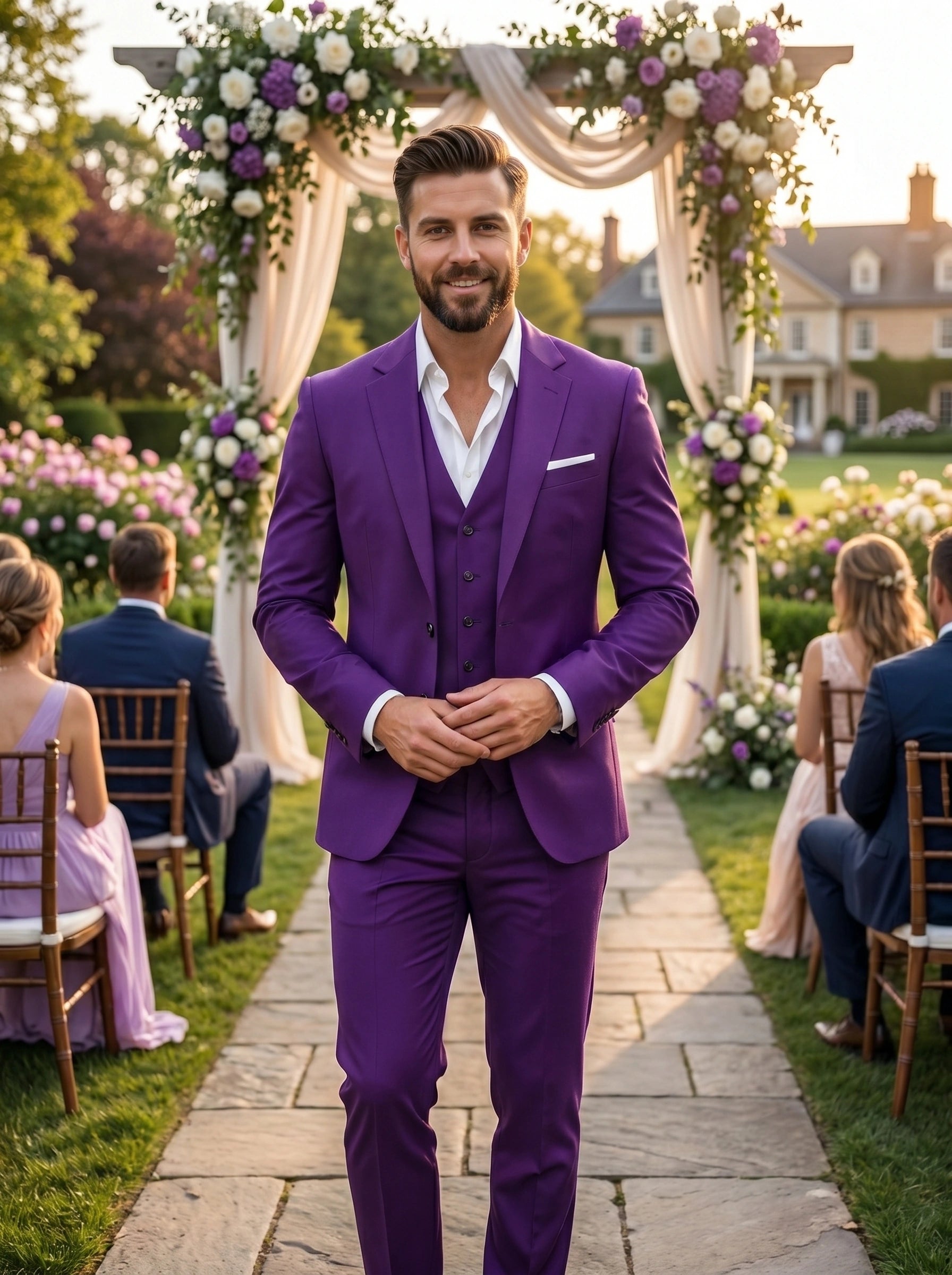 Close up view of the men's tailored winter suit showing the intricate fabric texture and precise stitching details against a neutral background.