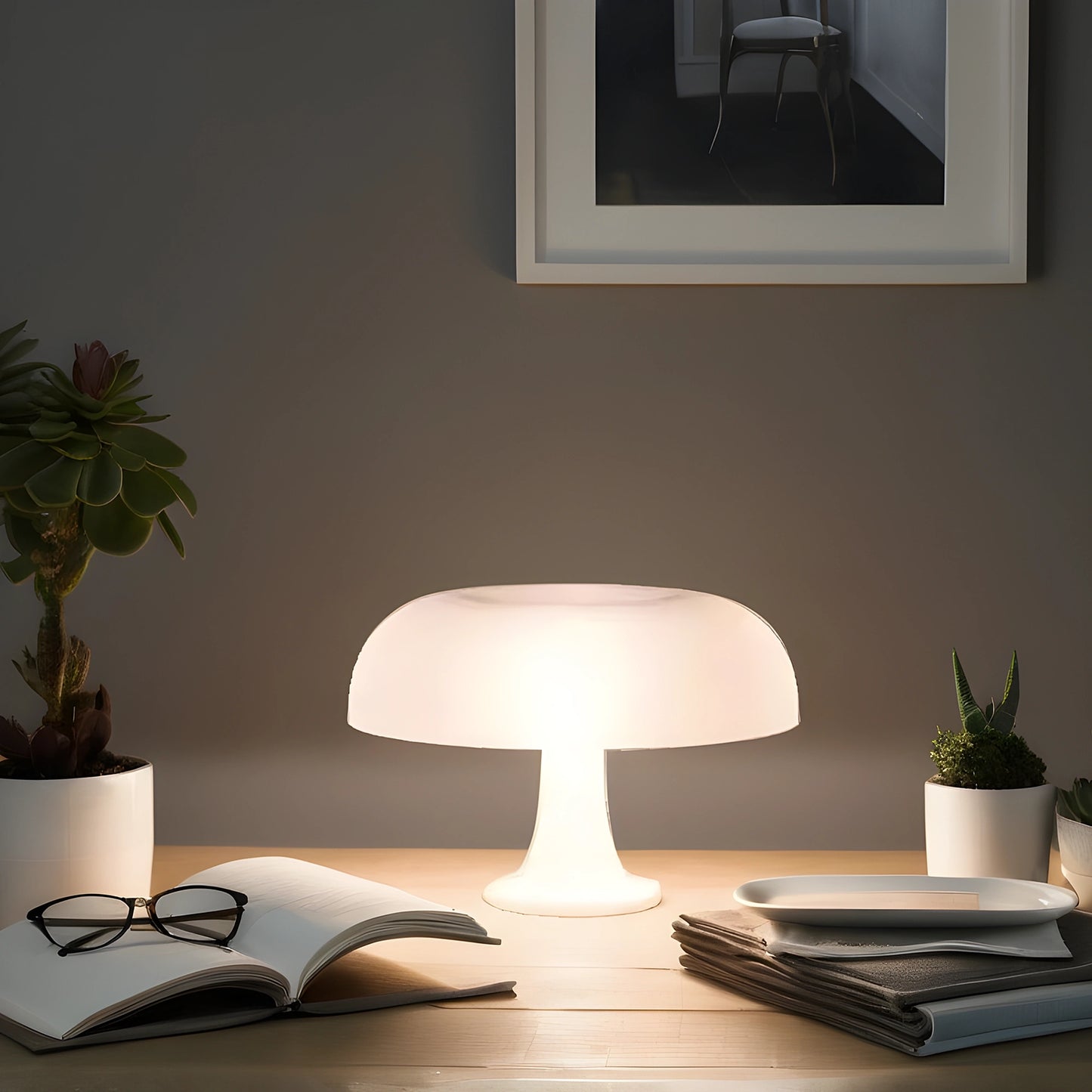 View of a contemporary sculpted acrylic mushroom table lamp featuring a translucent white shade and a sleek, modern base